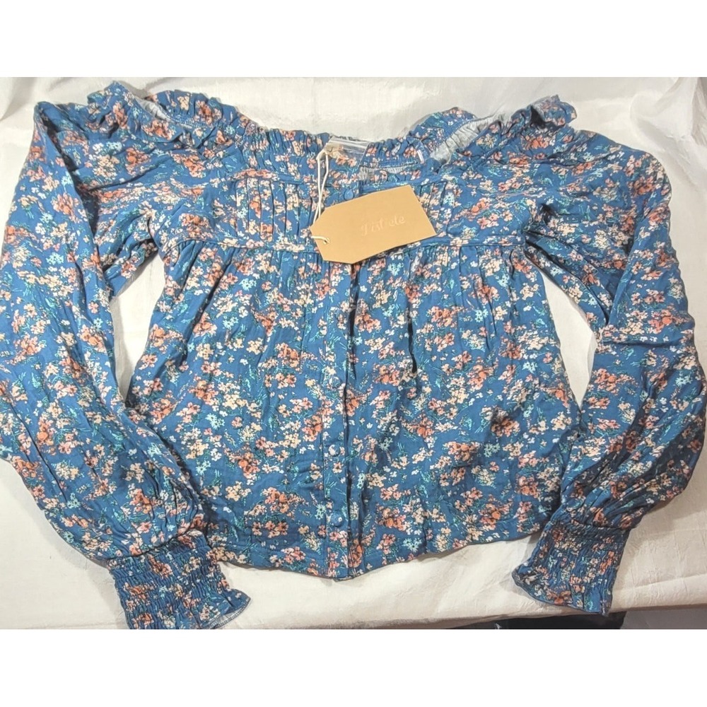 Listicle Women's Square Neck Floral Boho Long Sleeve Blouse -‎ Blue - Small